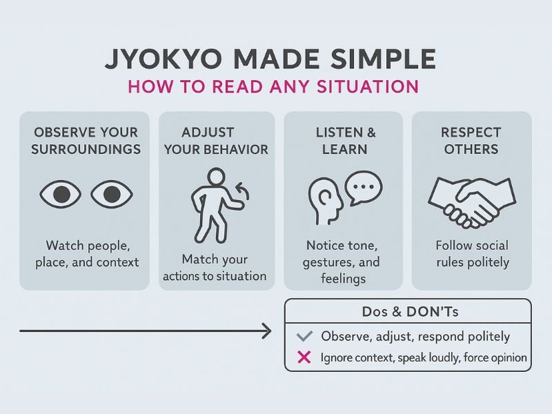 Why Jyokyo Matters: The Japanese Way to Read Any Situation 2 Infographic showing how to practice Jyokyo in daily life with tips: observe, adjust, listen, respect, and dos and don’ts for social situations.