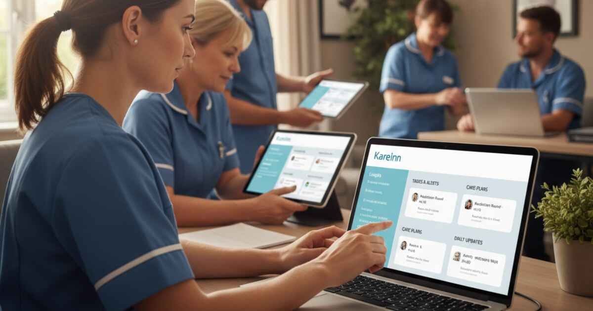 Realistic view of KareInn Login dashboard used by care home staff and family members on multiple devices.
