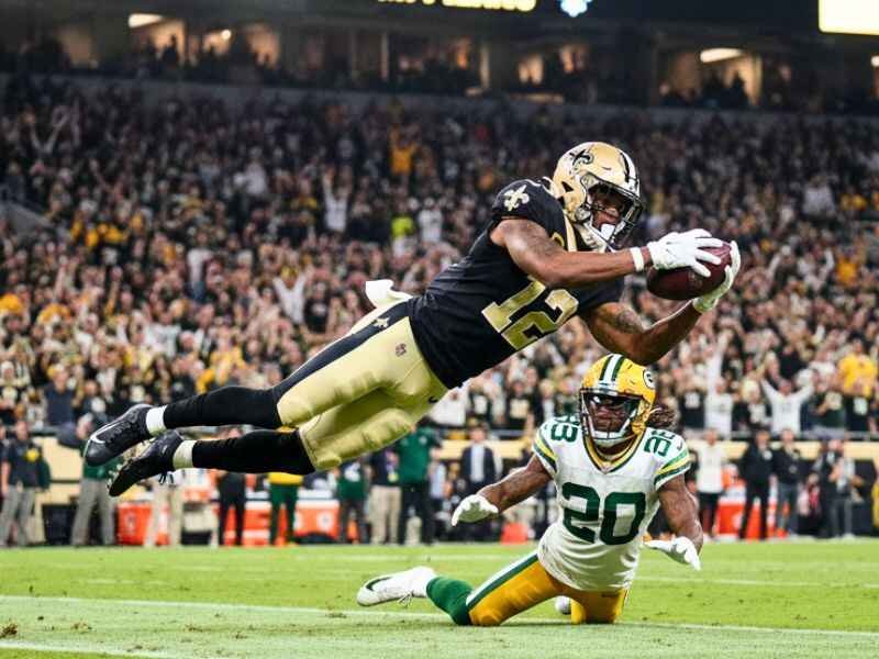 New Orleans Saints vs Green Bay Packers Match Player Stats: Full Breakdown & Key Insights 2 Chris Olave making a diving catch during New Orleans Saints vs Green Bay Packers game showcasing top player performance stats.