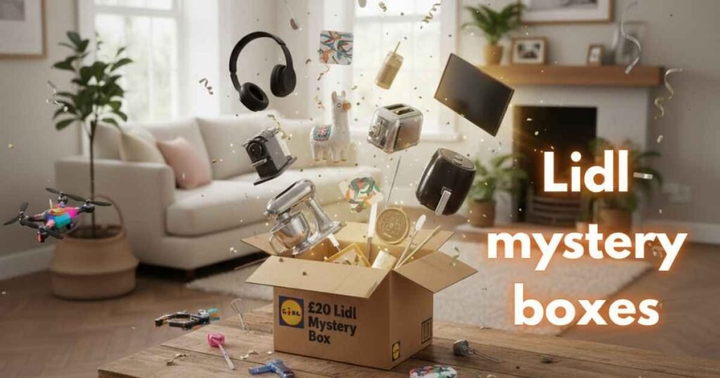 Lidl mystery boxes being opened with gadgets, kitchen tools, and rare prizes spilling out for an exciting unboxing experience