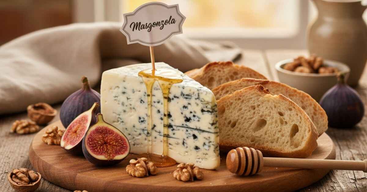 Masgonzola cheese on a rustic Italian board with figs, honey, and bread — creamy Italian blue cheese.