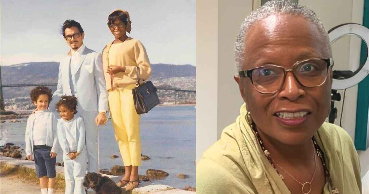 Split image showing an old photo of Tommy Chong with his first wife Maxine Sneed and their two children on one side, and a recent photo of Maxine Sneed smiling on the other side.