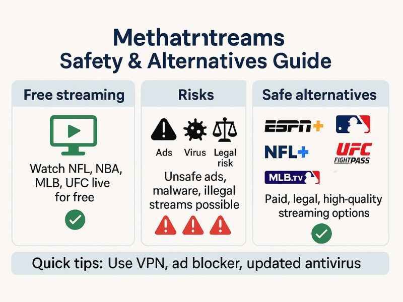 Is Methatreams Safe? Free Sports Streams With Hidden Dangers 2 Methatreams safety guide showing free streaming benefits, legal risks, and safe alternatives for watching sports online.