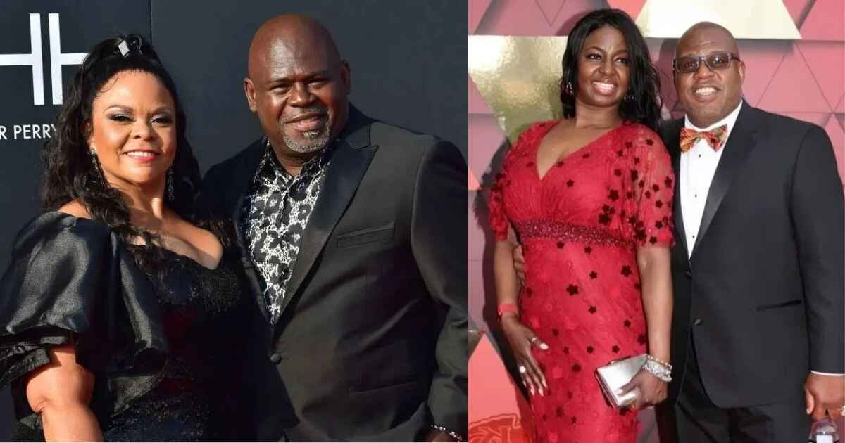 A split image showing a recent photo of Mia Bieniemy with her husband, NFL star Eric Bieniemy, on the left side, and an early wedding photo of Mia and Eric Bieniemy on the right side.