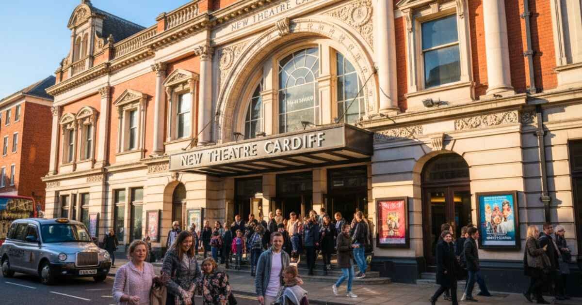 Exterior view of New Theatre Cardiff showing historic architecture, entrance, and visitors enjoying Cardiff theatre events.