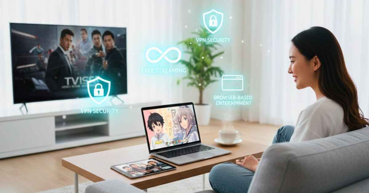 Novafork streaming setup with person watching anime on a laptop and tablet, showing free content and VPN security icons.