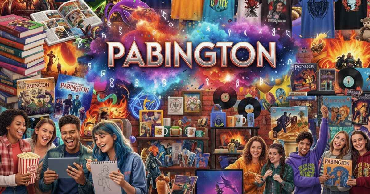 Realistic collage of Pabington culture showing books, movies, fan art, and merchandise for fans.”