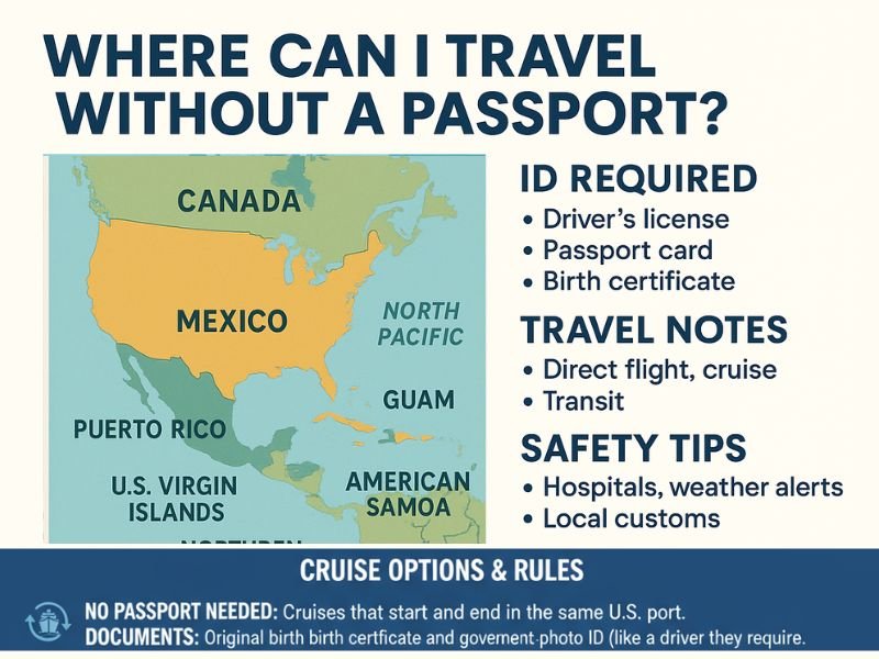 Where Can I Travel Without a Passport? Avoid These Common Mistakes 2 Map showing U.S. territories, nearby countries, and cruise options you can visit without a passport with travel tips for each destination