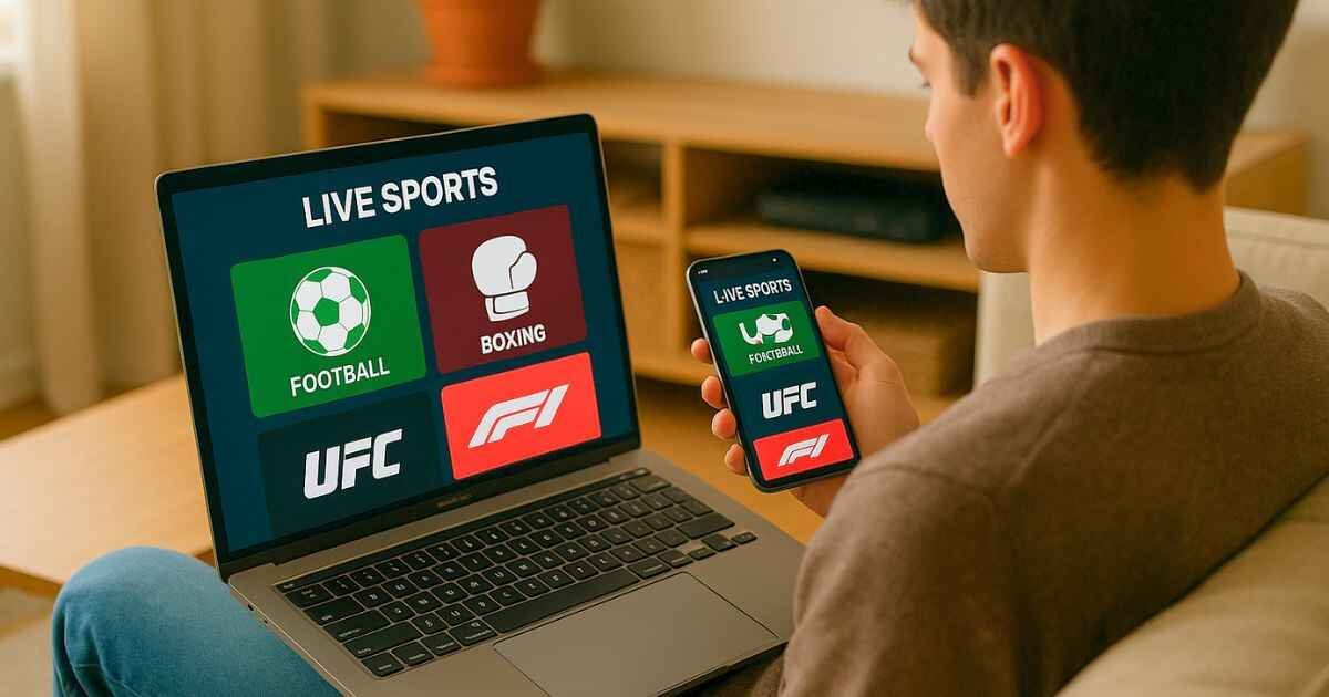 Release Sky free sports streaming on laptop and smartphone showing football, boxing, UFC, and F1