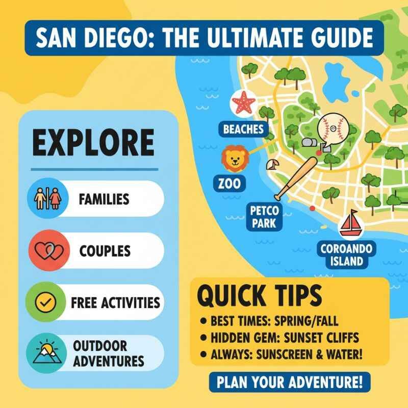 Top Things to Do in San Diego: Secret Spots Locals Love 2 Infographic showing the top attractions, family activities, romantic spots, free events, and outdoor adventures in San Diego with best visiting times.