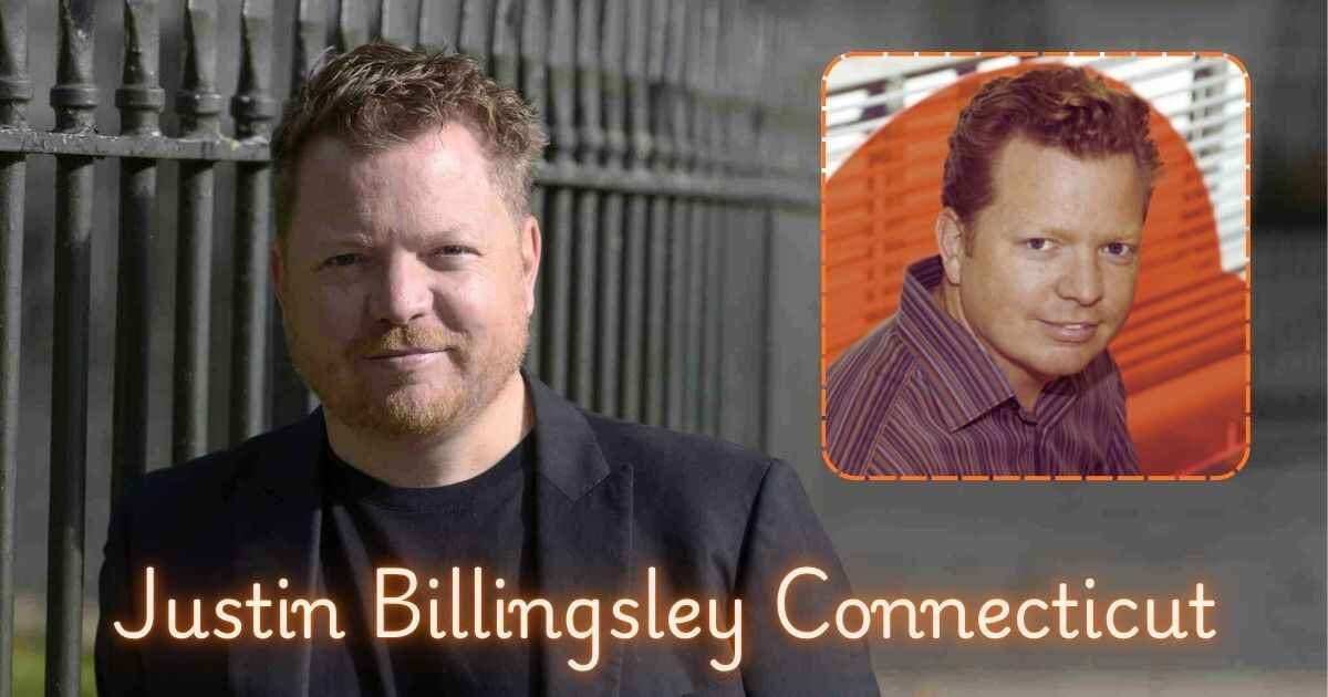 Recent image of Justin Billingsley Connecticut standing and smiling against a dark grey background, with an early-age photo on the left showing his journey and growth.