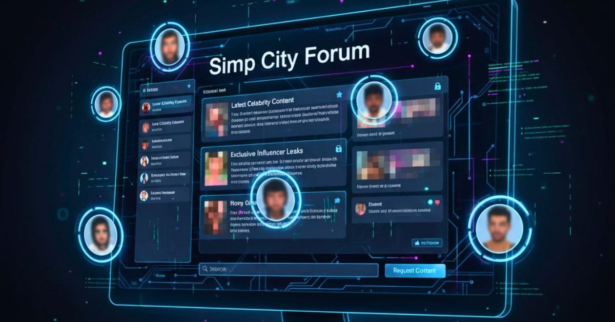 Simp City Forum holographic UI interface showing floating panels, threads, and online community interactions in a futuristic digital style.