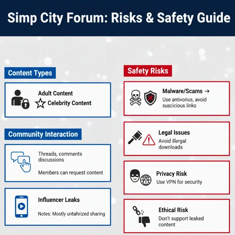 Simp City Forum Exposed: Risks and Secrets You Must Know 2 Infographic showing Simp City Forum risks, content types, community interaction, and safety tips.