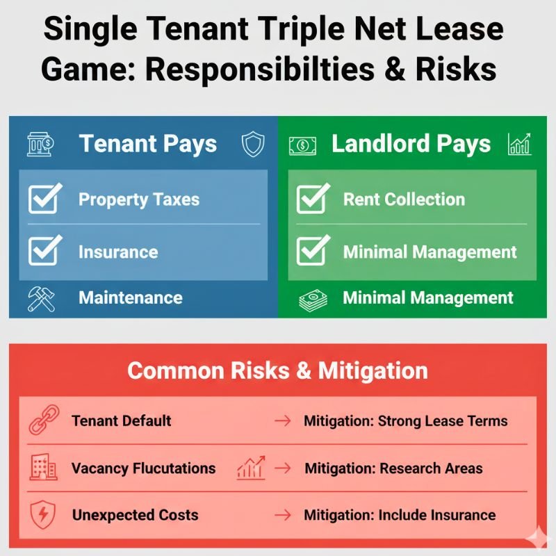 Mastering the Single Tenant Triple Net Lease Game: Truths, Risks & Strategies 3 Infographic showing single tenant triple net lease responsibilities, tenant vs landlord payments, and common investment risks.