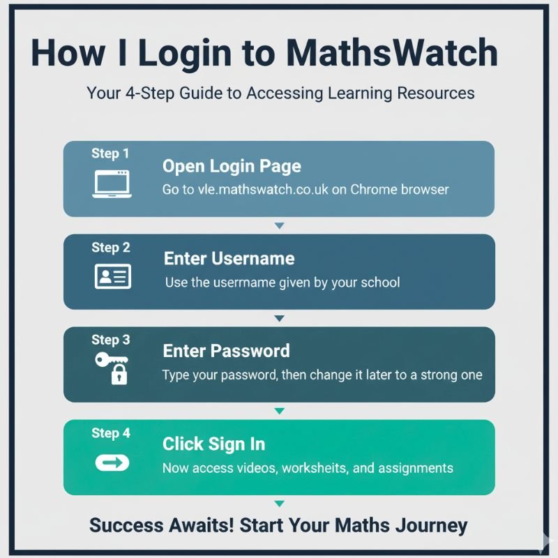 MathsWatch Login Problems? Quick Fixes Every Student Needs 2 MathsWatch login infographic showing 4 simple steps: open login page, enter username, enter password, and click sign in.