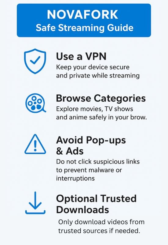Novafork Guide: Problems, Risks, Truth, Benefits & Safe Tips 2 Novafork safe streaming infographic showing VPN, browsing categories, avoiding ads, and trusted downloads for free movies, TV shows, and anime.