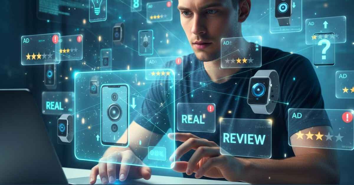 Person exploring Techinsiderz.com Gadgets and online tech reviews surrounded by floating holographic ui device icons.