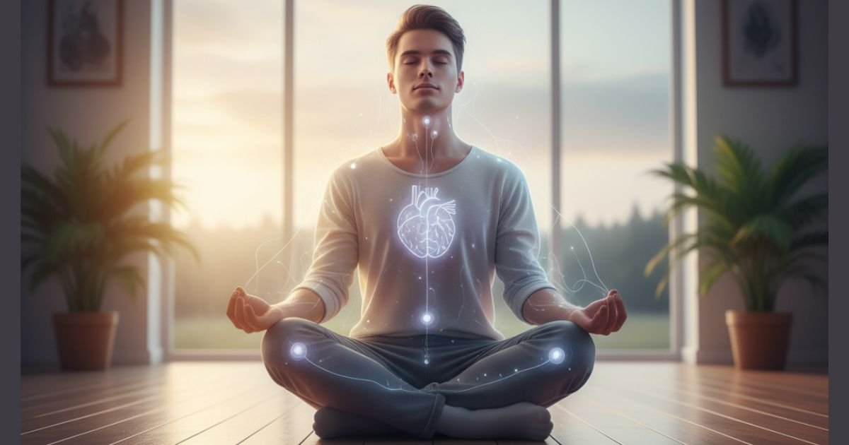 The Health Signals Most People Ignore Until It's Too Late 1 A calm person sitting quietly with eyes closed, soft light outlining the body to symbolize mind-body awareness and the health signals most people ignore
