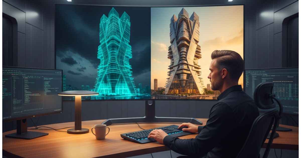 Top Benefits of Using a Professional 3D Rendering Service 1 Professional 3D rendering service showing designer creating photorealistic architectural visualization on computer.