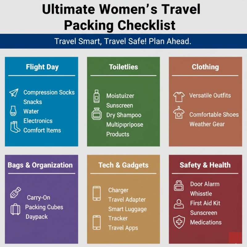 Travel Essentials for Women: Smart Packing Tips for Stress-Free Trips 2 Visual checklist of travel essentials for women including flight day, toiletries, clothing, bags, tech, and safety items for smart packing.
