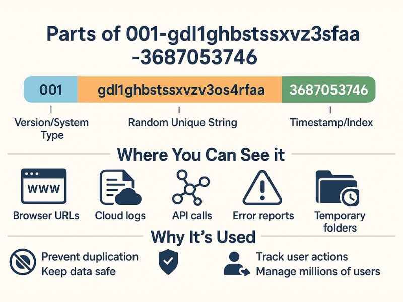 Is 001-gdl1ghbstssxzv3os4rfaa-3687053746 Dangerous? Safety Tips & Uses 2 Visual breakdown of the code 001-gdl1ghbstssxzv3os4rfaa-3687053746 showing prefix, core, suffix, and its uses in digital systems.