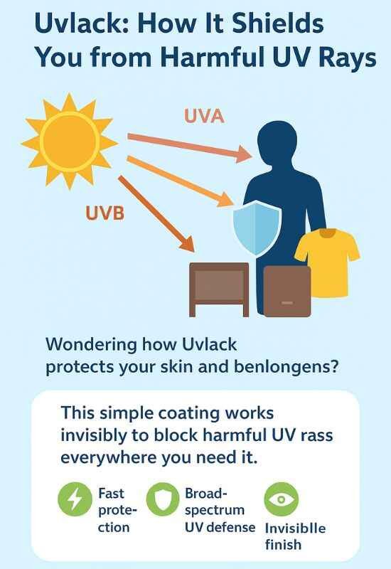 Uvlack Explained: Hidden Truths About Sun Protection 2 Infographic showing how Uvlack blocks UVA, UVB, UVC rays for skin, clothing, and surfaces with broad-spectrum UV protection.