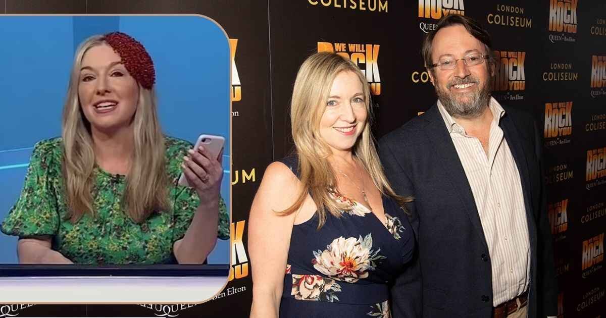 Victoria Coren Mitchell illness: Actor Victoria Coren Mitchell standing with her husband, while on the other side she is sitting in a green dress on a blue plane background
