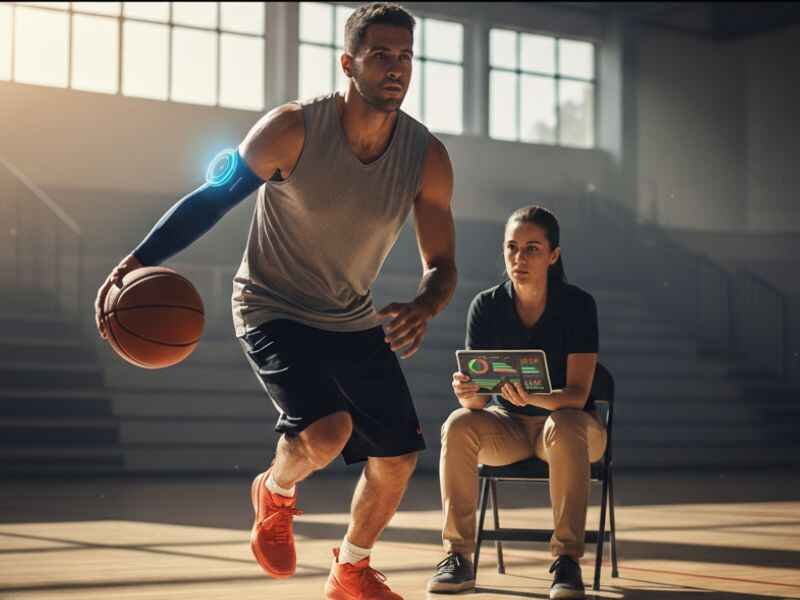 Zuyomernon System Basketball: Play Smarter & Win Faster 2 Wide realistic image of basketball training session, player wearing wearable performance trackers, coach using tablet to show stats. Indoor court, natural lighting, clear team interaction, focus on smart training and player development.