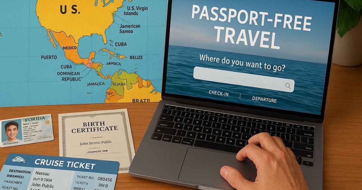 Traveler planning passport-free vacation using U.S. ID and travel documents, showing where can I travel without a passport.
