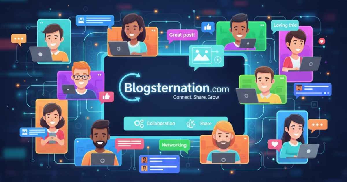 Why Blogsternation .com Might Be Risky But Worth Trying 1 Blogsternation .com digital illustration showing bloggers interacting, sharing posts, and commenting in a collaborative online community