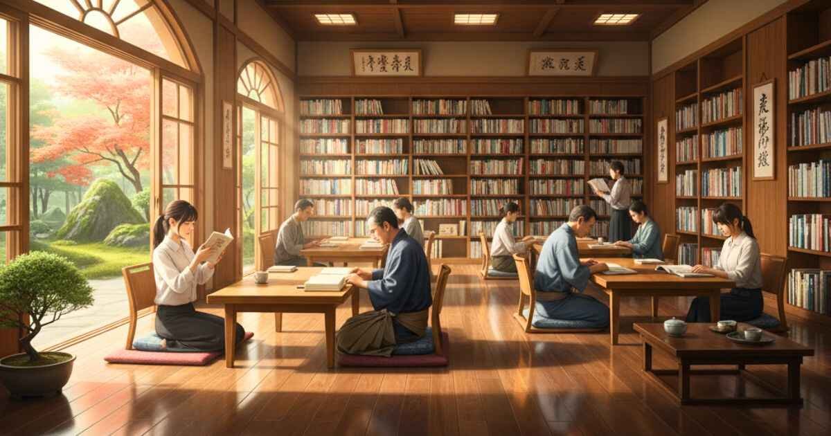 Realistic image showing people practicing Jyokyo in a quiet Japanese library, observing and adjusting behavior.