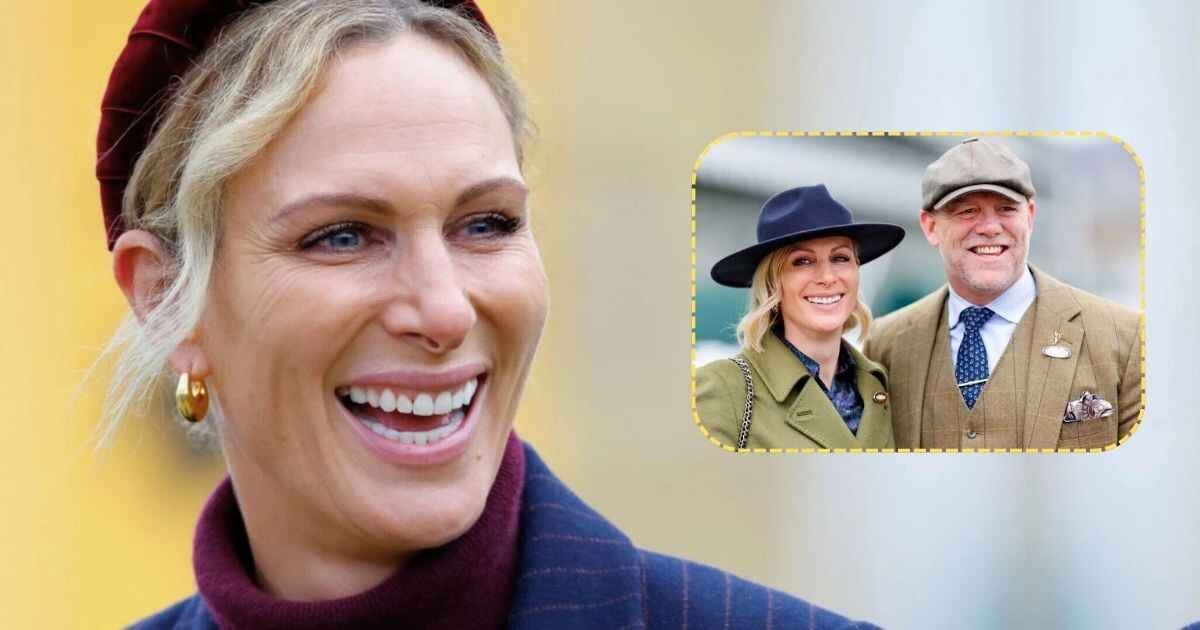 Zara Tindall is laughing with a blurred background, and to the side is a photo frame of Mike Tindall with Zara Tindall.
