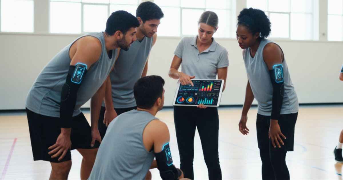 Wide realistic image of basketball game highlighting positionless play. Multiple players in motion, passing, cutting, and defending dynamically. Indoor professional court, bright lighting, clear focus on teamwork and adaptive gameplay. Energetic and action-packed scene.