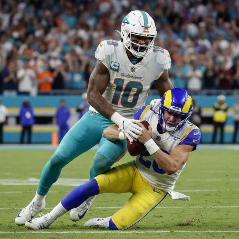Miami Dolphins vs Los Angeles Rams Match Player Stats: Complete 2024-2025 Breakdown 3 Bradley Chubb of the Miami Dolphins in aqua/orange uniform sacking Los Angeles Rams quarterback in blue/yellow uniform, highlighting defensive player statistics.