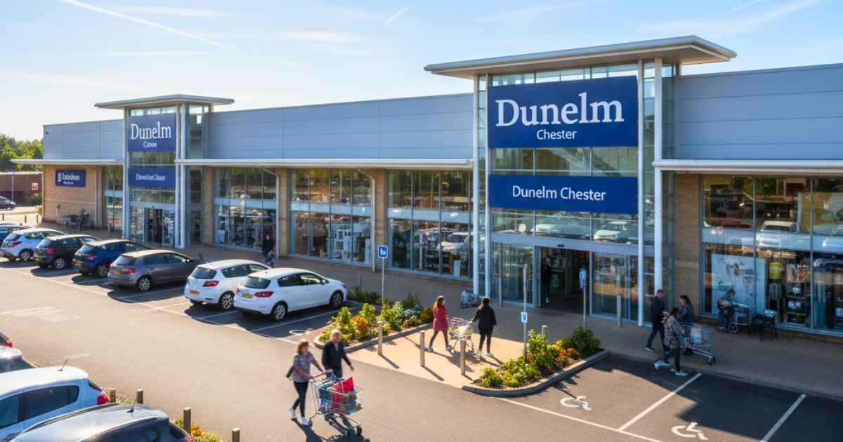 Dunelm Chester store exterior showing entrance, parking, and shoppers at Greyhound Retail Park.