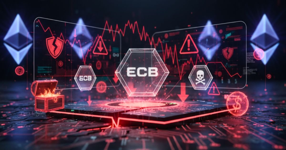 eCryptobit.com Tokens: Price, Risks & Real Uses of ECB Coins 1 Illustration image of eCryptobit.com Tokens floating above a digital blockchain platform with warning signs, falling price charts, and Ethereum logos showing crypto risks.