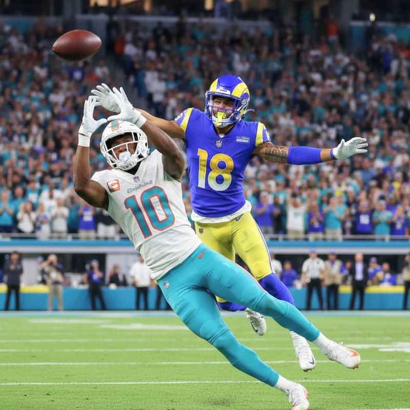 Miami Dolphins vs Los Angeles Rams Match Player Stats: Complete 2024-2025 Breakdown 2 "Tyreek Hill of the Miami Dolphins in aqua/orange uniform catching a pass as Cooper Kupp of the Los Angeles Rams in blue/yellow uniform defends, showcasing receiving stats comparison.