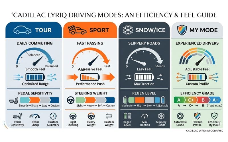 Do the Driving Modes in Cadillac Lyriq Offer Different Ranges or Battery Usages? 2 Infographic image of Cadillac Lyriq Driving Modes