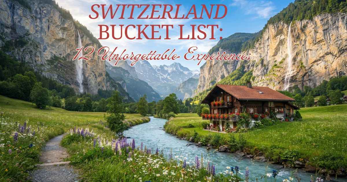 Scenic view of Lauterbrunnen Valley with waterfalls, a turquoise river, wooden Swiss chalets, alpine wildflowers, and snow covered mountains in Switzerland.