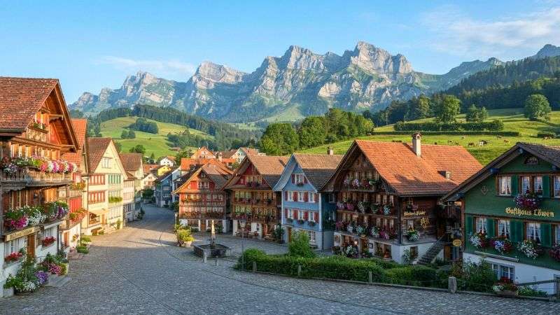 Traditional Swiss houses in Appenzell with Alpstein mountains.