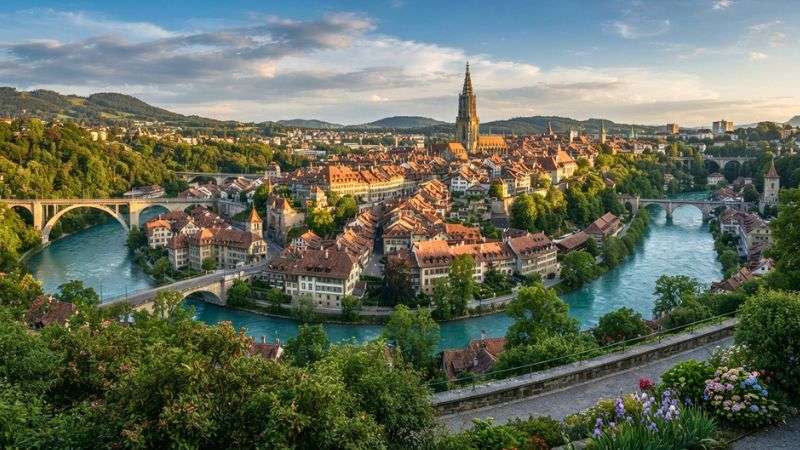 Bern Old Town and the Aare River viewed from Rosengarten.