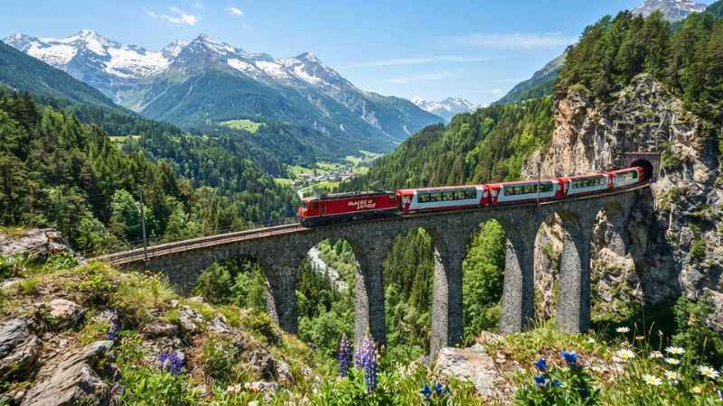 The Glacier Express crossing the Landwasser Viaduct through the Swiss Alps on a sunny day in Switzerland.