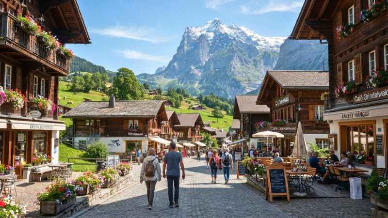 Traditional wooden chalets, flower filled balconies, and mountain scenery in the Swiss village of Grindelwald.