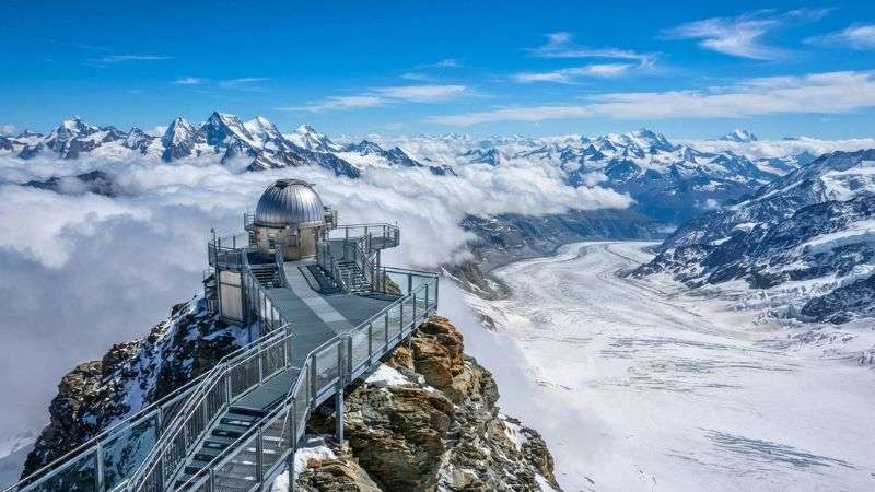 Sphinx Observation Deck at Jungfraujoch overlooking Aletsch Glacier.