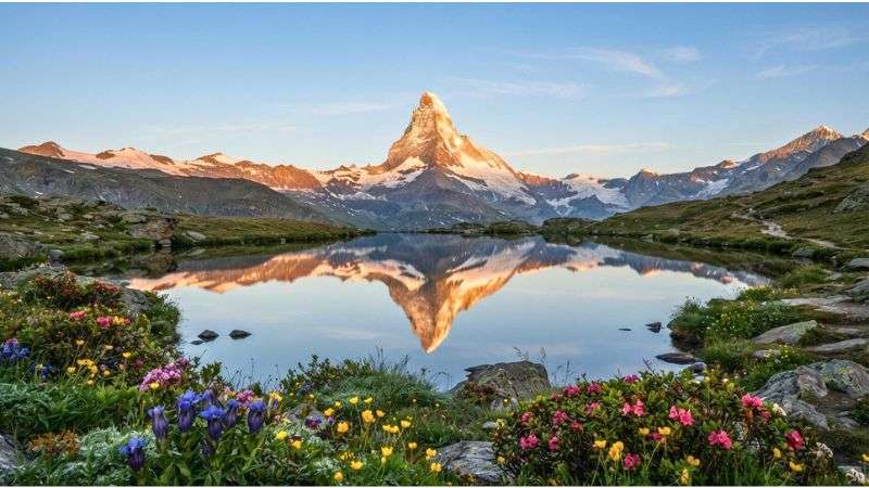 Matterhorn reflected in Stellisee Lake during sunrise near Zermatt.