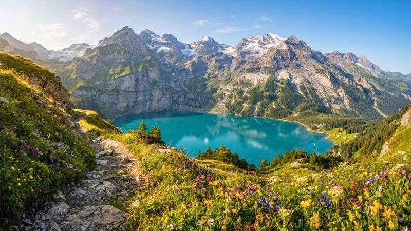 Turquoise Oeschinen Lake surrounded by mountains in Switzerland.