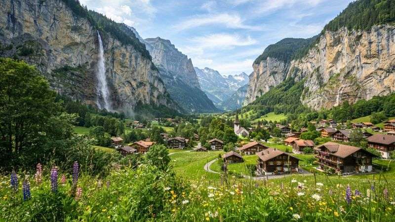 Staubbach Falls overlooking Lauterbrunnen village in Switzerland.