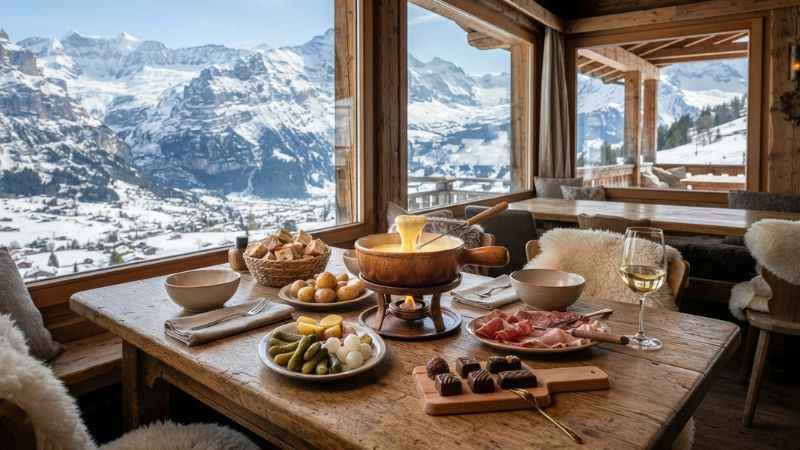 Traditional Swiss cheese fondue and handcrafted Swiss chocolate served inside a cozy mountain restaurant with Alpine views.