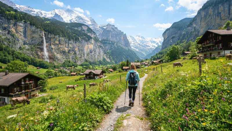 A peaceful walking trail through Lauterbrunnen Valley surrounded by waterfalls, Swiss chalets, alpine flowers, and snow covered mountains.